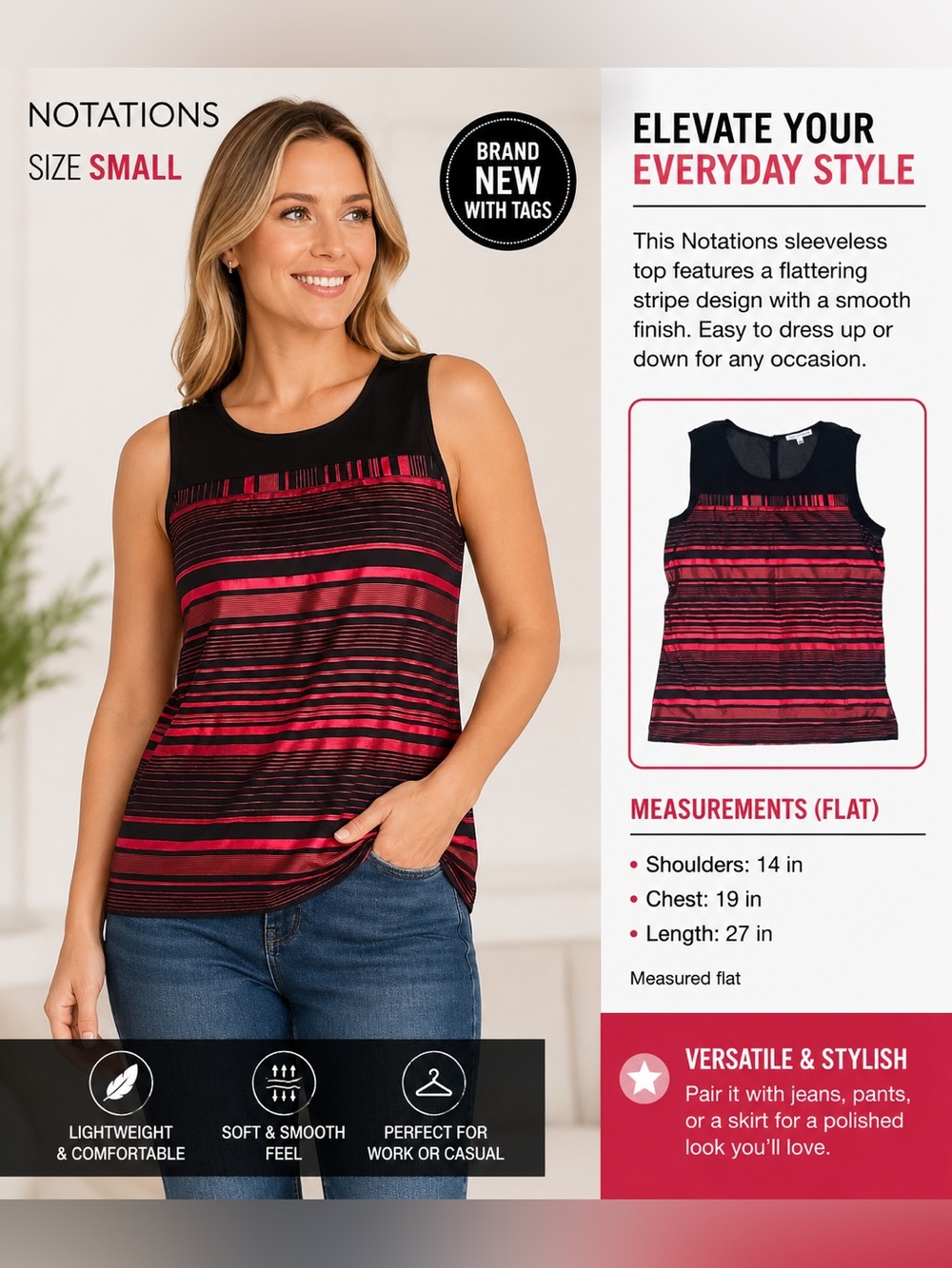 Notations Women’s Sleeveless Top Black Red Striped Casual Shirt Size Small